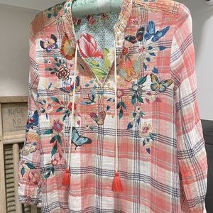 Johnny Was Boho Floral Embroidered Top  Size XS